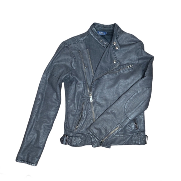 Polo Ralph Lauren Black Faux Leather Moto Jacket Medium Quilted Lining Motorcyle - Picture 1 of 13